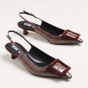 Bibi Lou Robin 2 Slingback Heels Brown Croc/Suede NWT